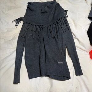 Michael Kors Dark Charcoal Off-the-Shoulder Fringe Sweater